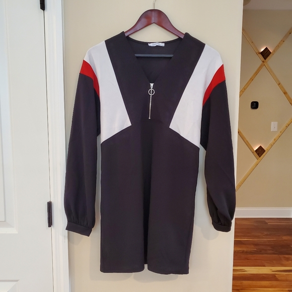 Zara Colorblock Shift Drees Long Sleeve Black Red White Size Small - Picture 2 of 9